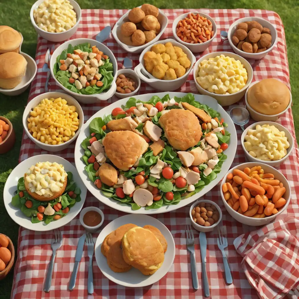 defined 3D cartoon-style colorful salad, chicken, potato salad, cornbread muffins, greens, pinto beans, mac and cheese, and carrots on a long table in the park with red checkered table cloth