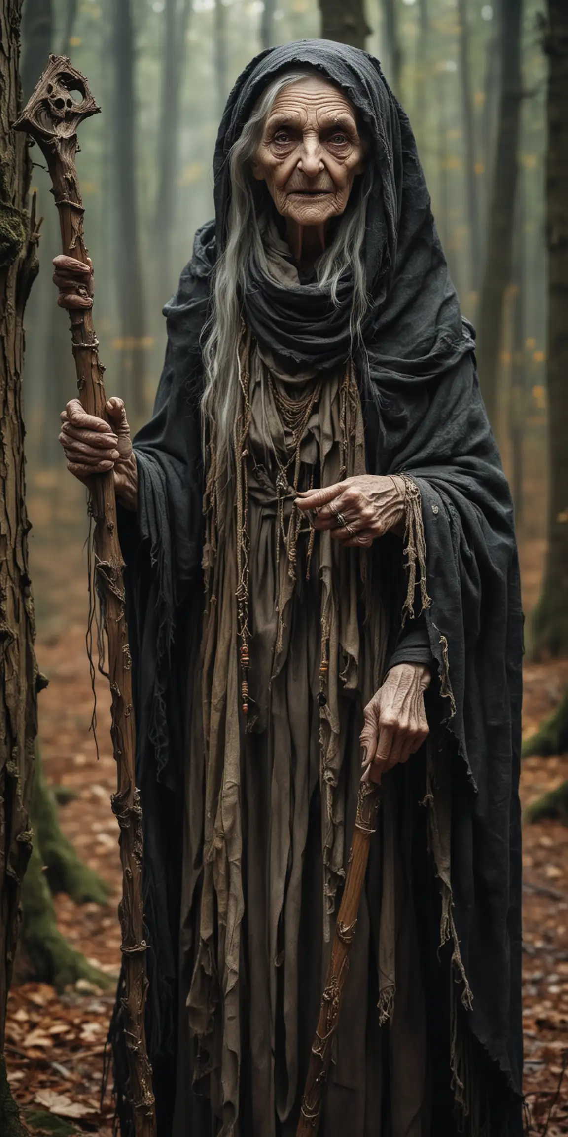 Fantasy Old Crone with Stained Teeth in the Woods