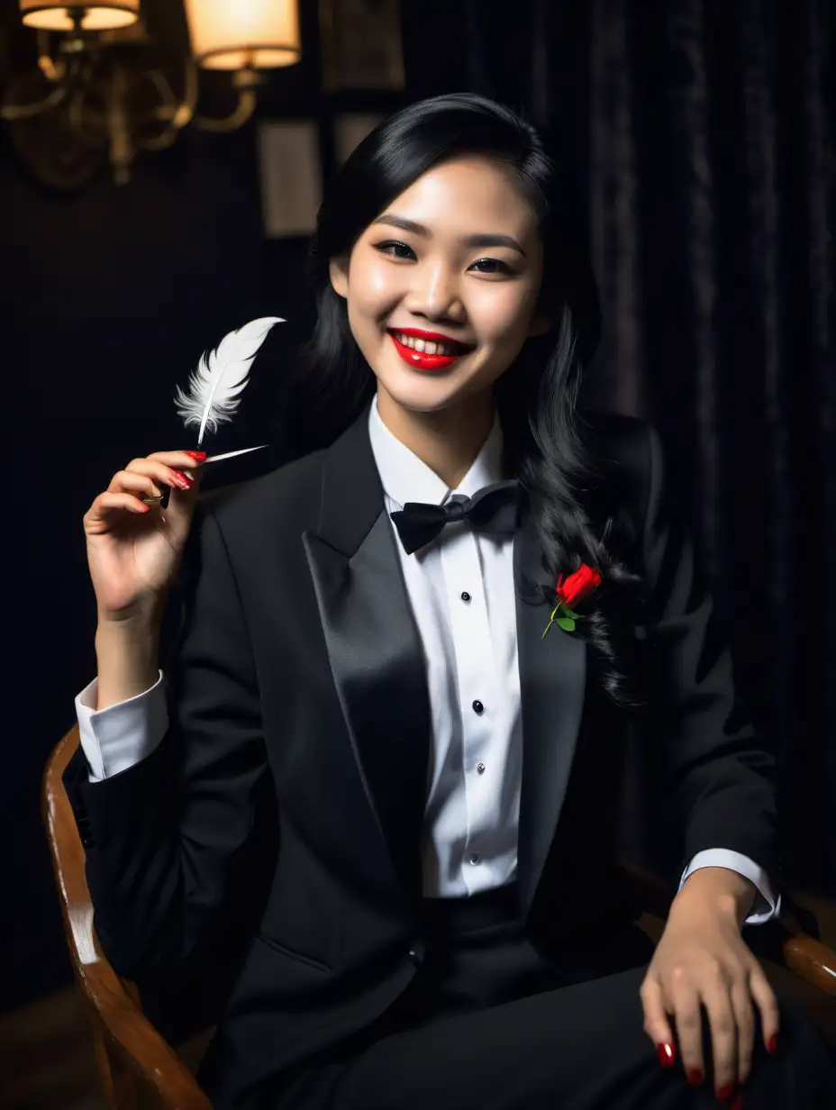A pretty 25 year old Vietnamese woman with black long hair and red lipstick is sitting on a chair in a dark room.  She is holding a small feather.  She is smiling and laughing.  She is wearing a tuxedo.  Her jacket is open.  Her shirt is white with a black bow tie.  Her cufflinks are large and black.