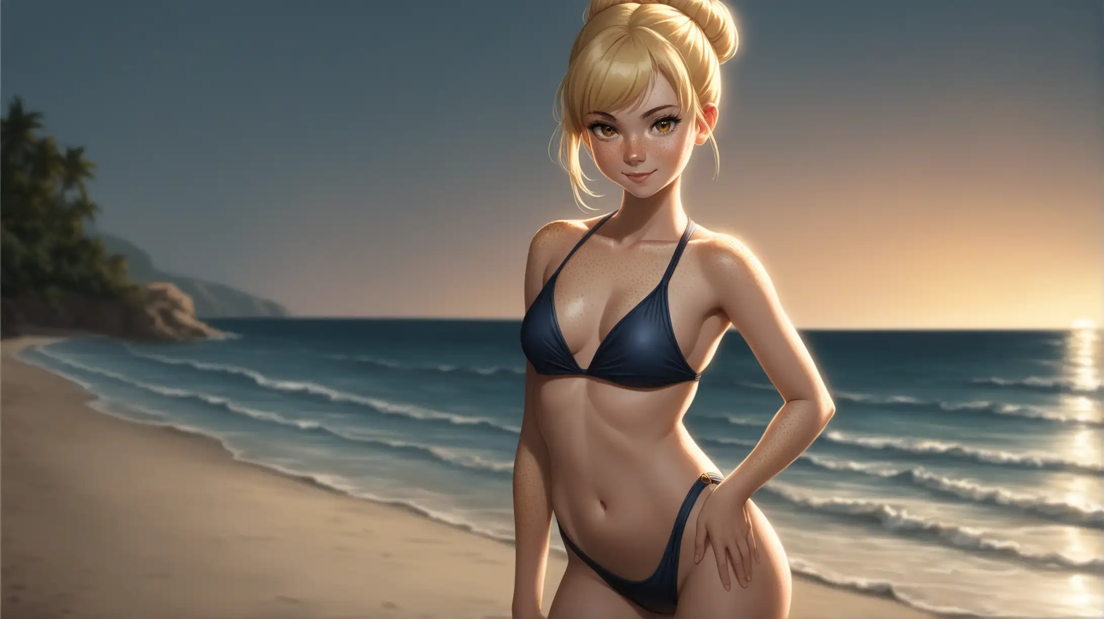 Draw a young woman, long blonde hair in a bun, gold eyes, freckles, perky figure,
swimsuit, high quality, long shot, outdoors, beach, seductive pose, standing, dim lighting, smiling at the viewer