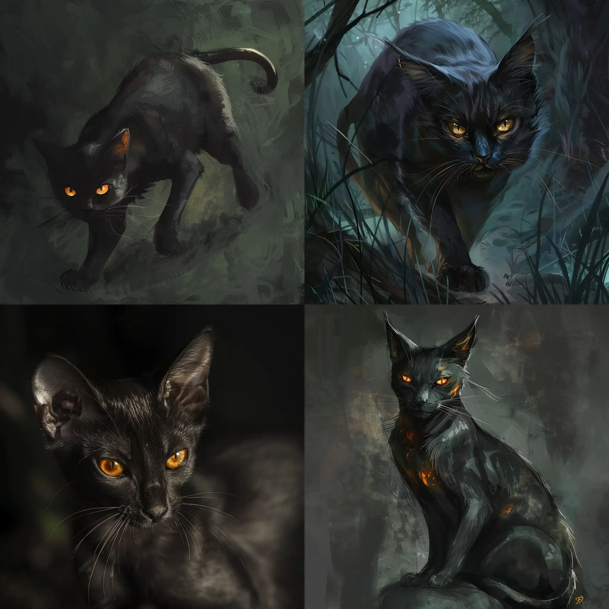 Sleek and stealthy, the Púca as a cat moves with silent grace. Its golden eyes watch every move with keen interest, and its dark fur allows it to blend into the night.
o	Cat: Sleek and stealthy, the Púca as a cat moves with silent grace, its golden eyes watching every move with keen interest.
