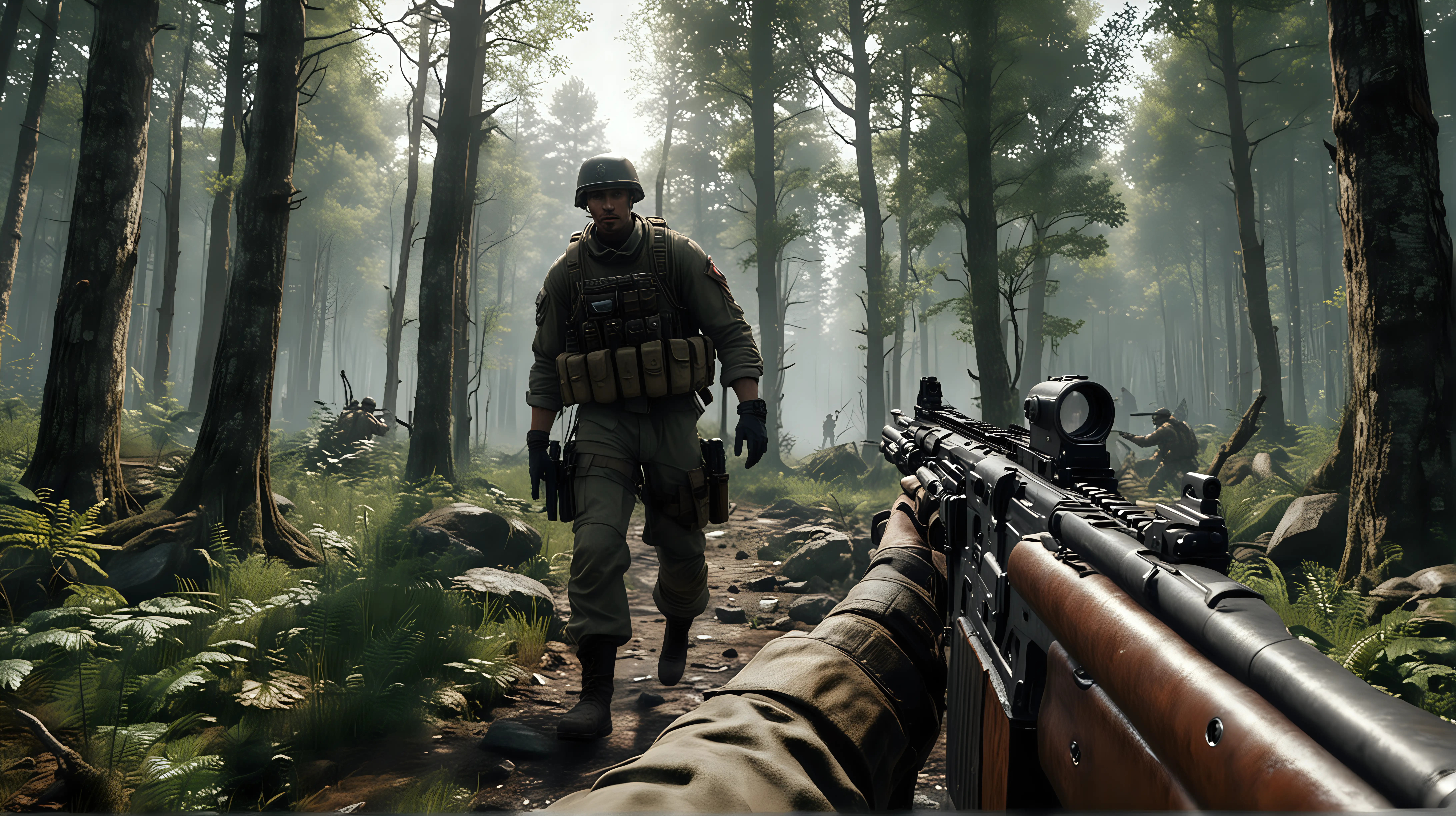 Soldier Shooting Enemies in Dense Forest Environment