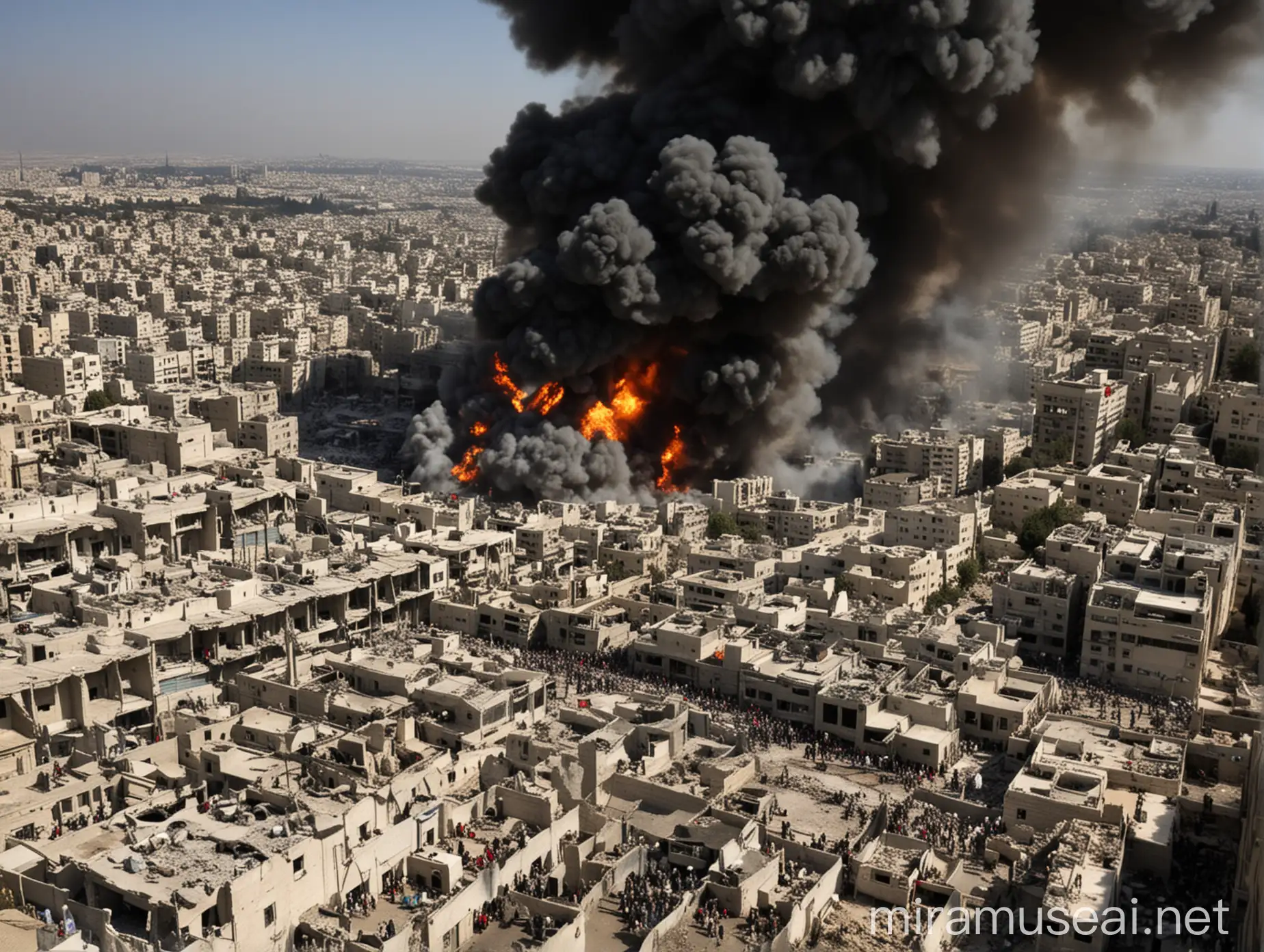 57 Muslim countries are simultaneously bombarding Israel with warplanes and warships, As a result, large Israeli buildings are collapsing, many Israeli soldiers are dead and lying on the ground, and many Israeli war zones are burning and billowing black smoke. 