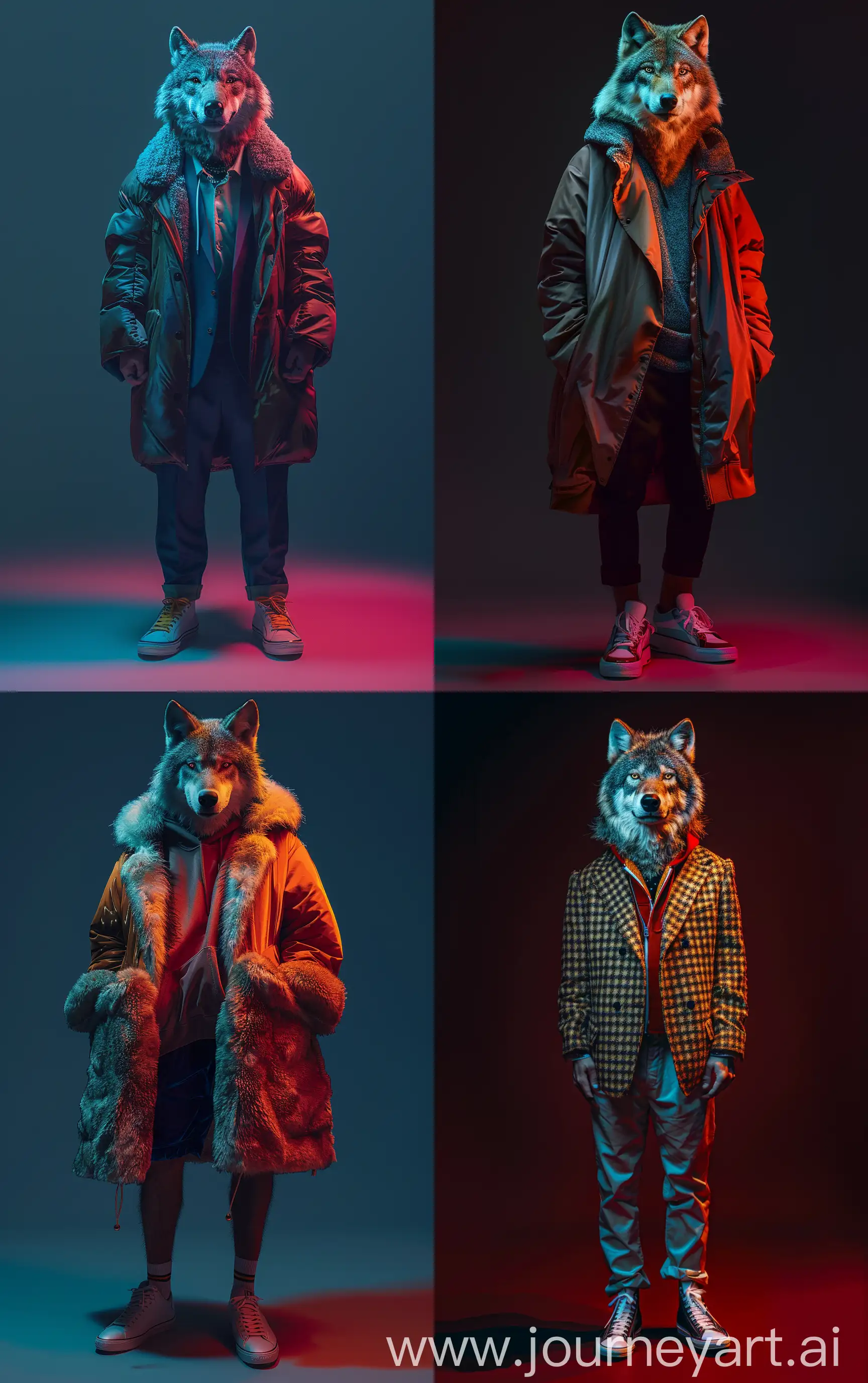 Anthropomorphic-Wolf-Fashionably-Dressed-in-1980s-Luxury-Attire-with-Sneakers