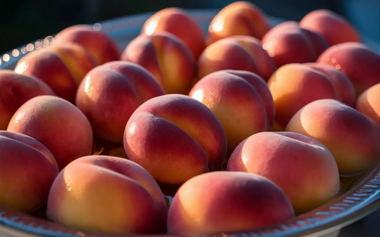 A platter of fresh peaches, moist, pink, soft, shiny,a food photography, Michelin star,mouthwatering and enticing presentation, Golden hour, shallow depth of field,Very real colors and comfortable light