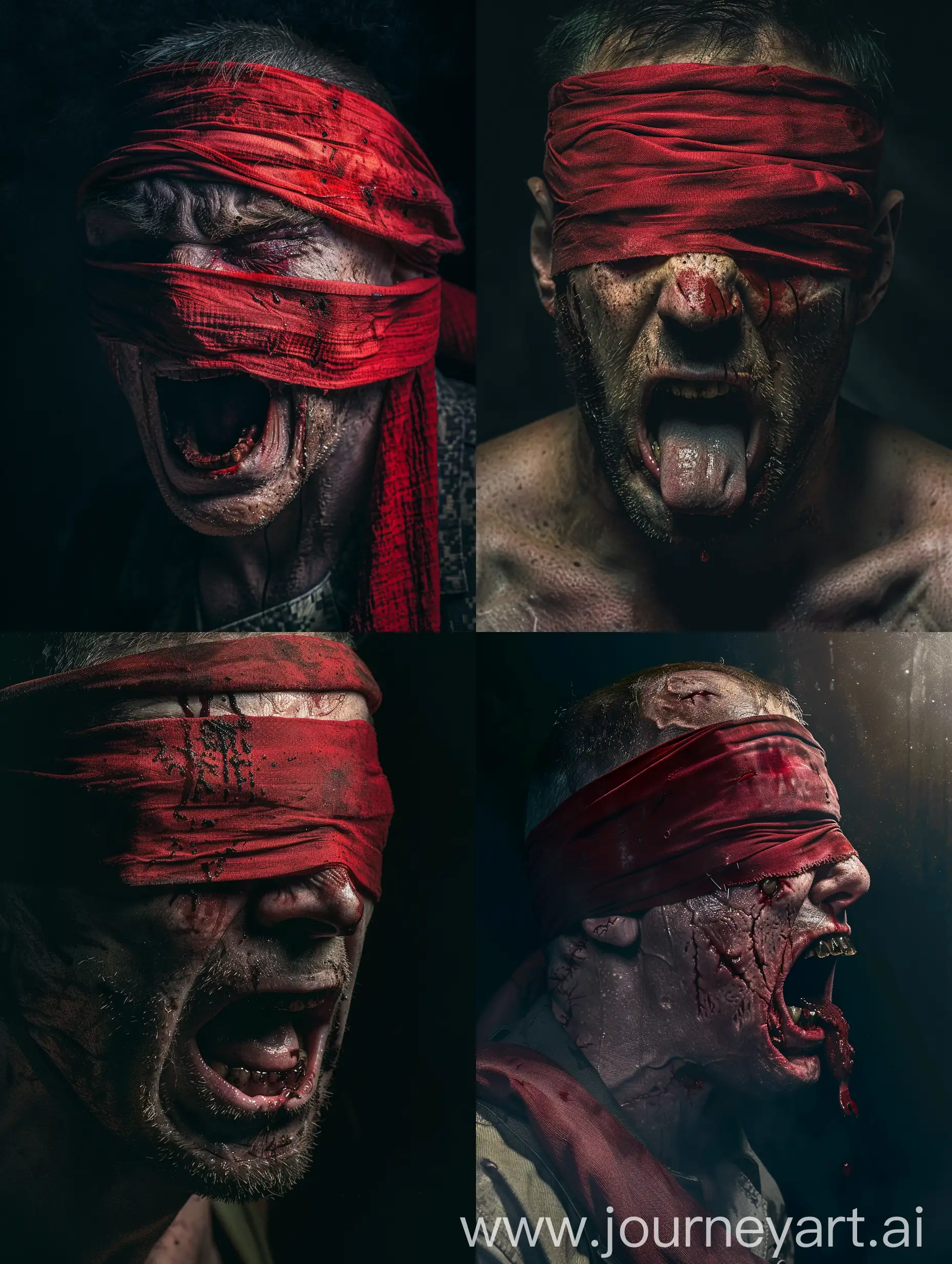 man, military, russian soldier blindfolded with a red cloth, scratched face, open mouth and protruding tongue, rotten black teeth, cinematic dark light, 85mm