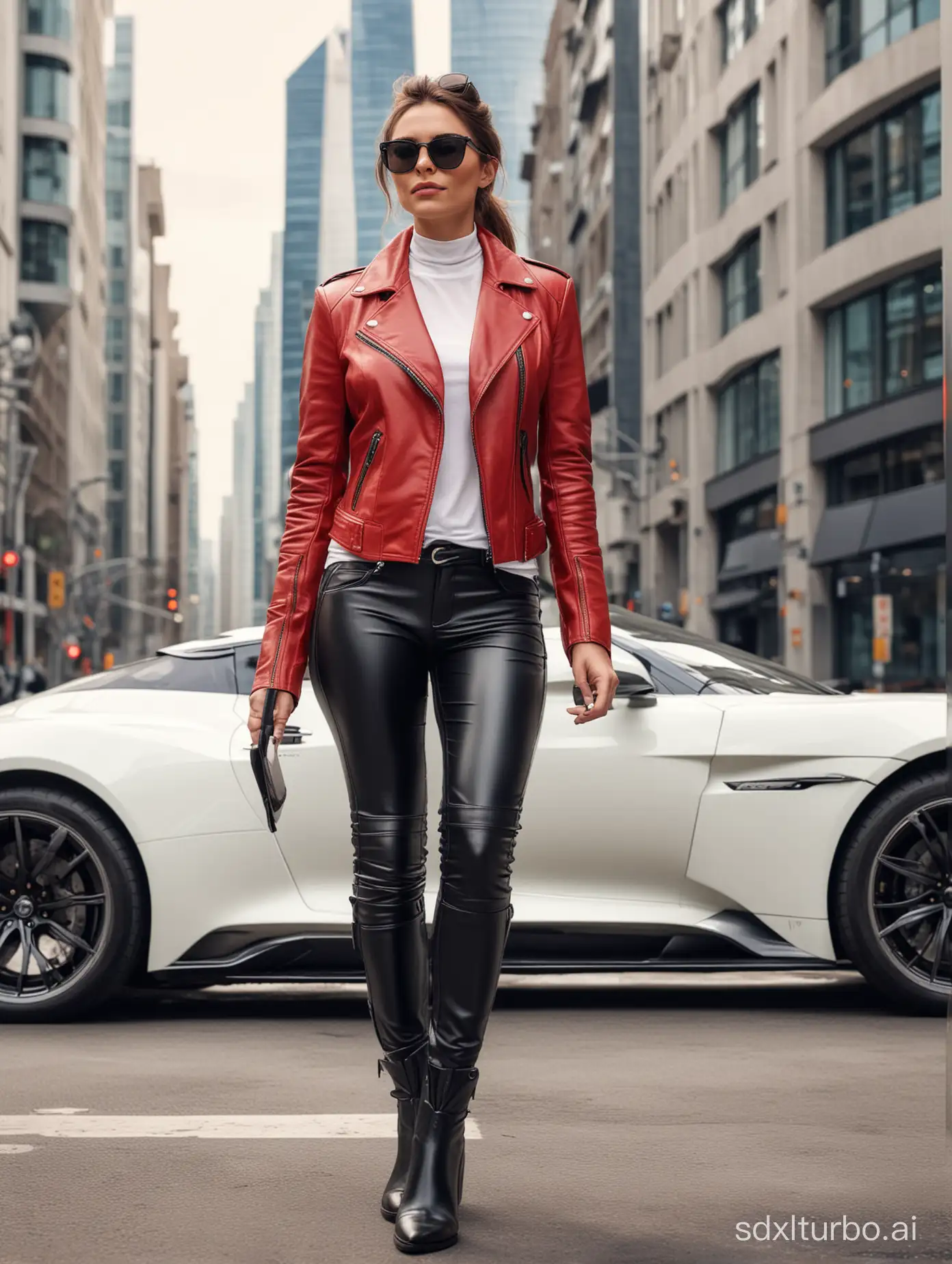 an anthropomorphic female cat wearing leather pants, a white tshirt, red leather jacket, black boots and sunglasses driving a white Aston Martin Valkyrie in a futuristic city background