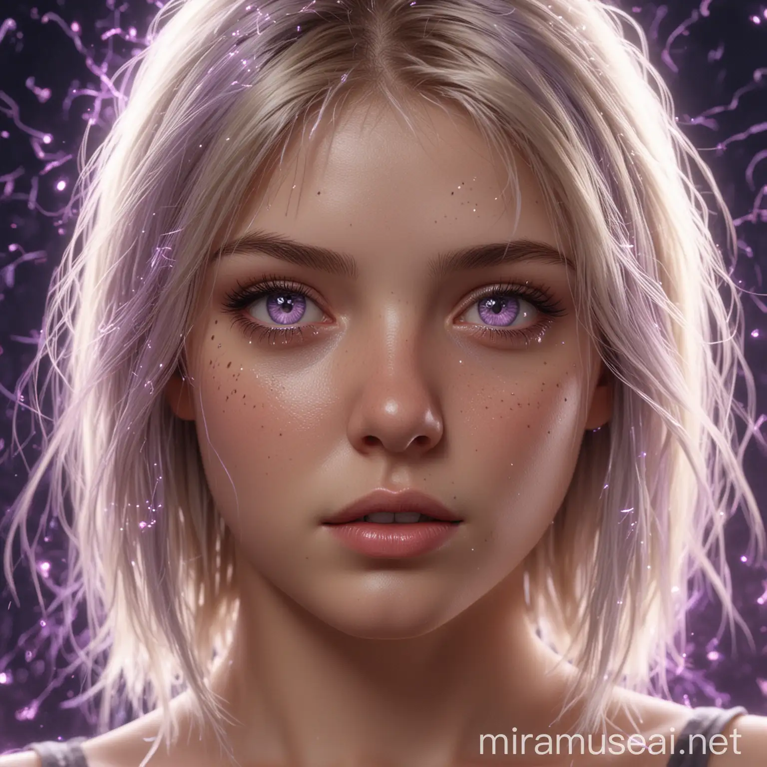 Hyper-realistic girl with smooth, straight blonde hair and light purple, almost lilac coloured eyes. Shes surrounded by sparks of electricity