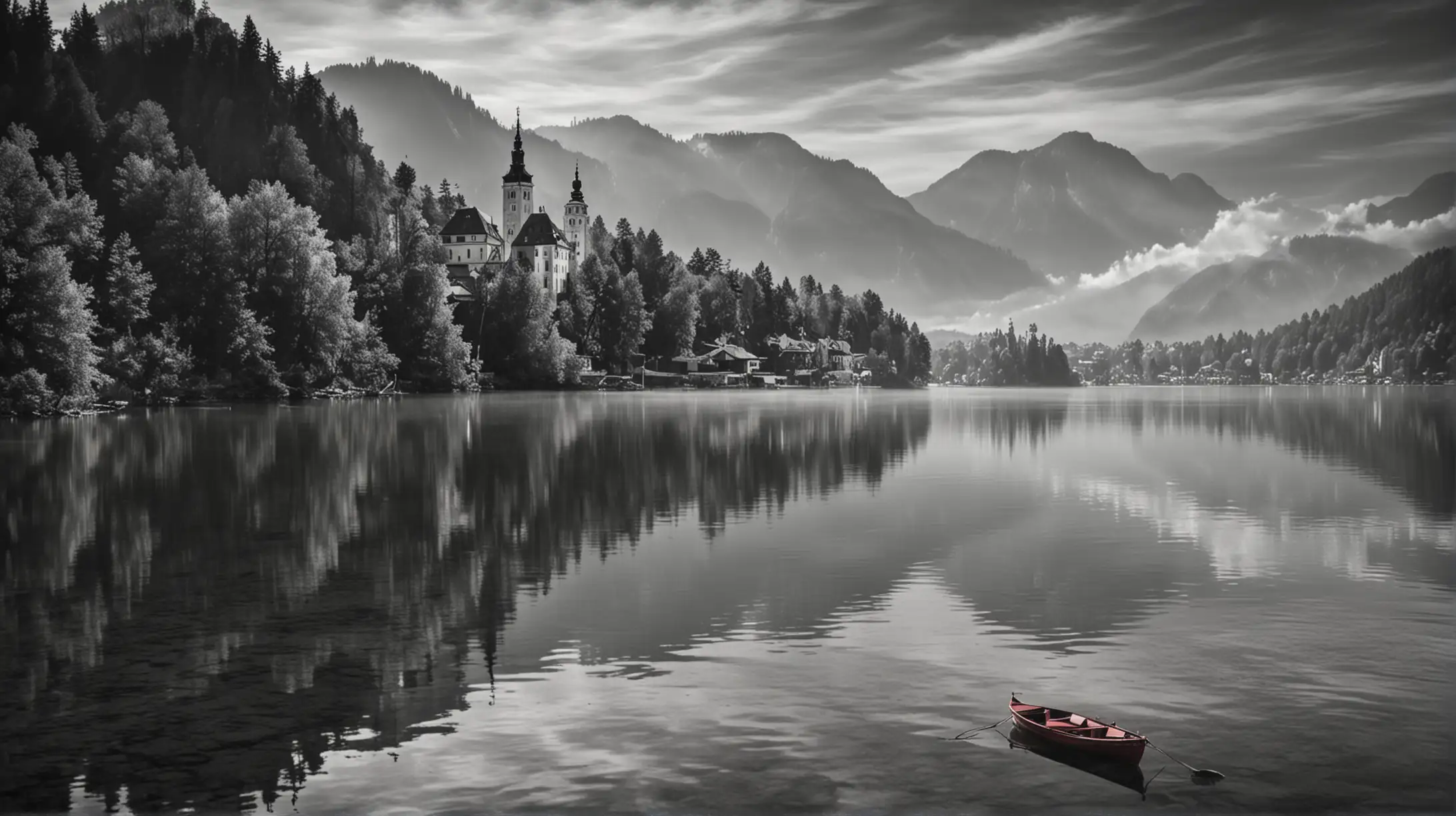 Create monochrome images of lake Bled that highlight a red boat