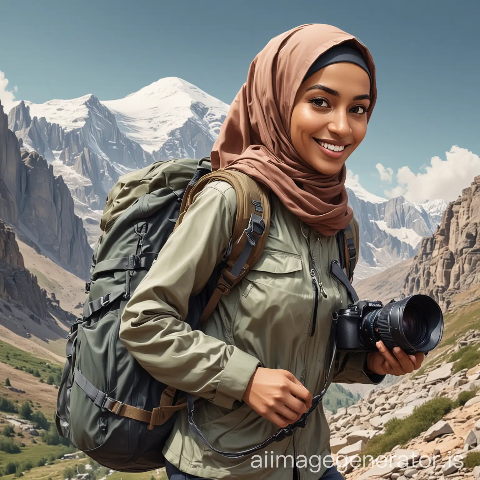 Make an AI caricature of a Muslim woman hiker carrying a mountain bag and a camera