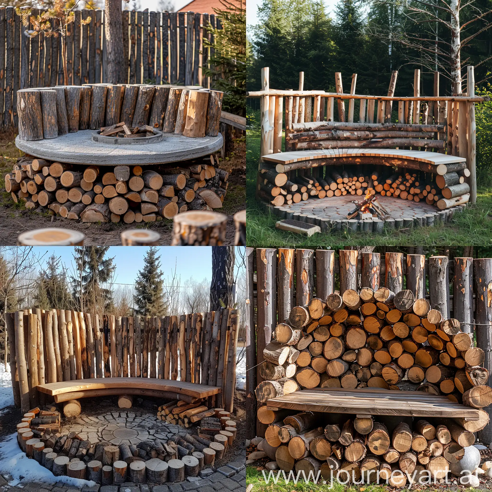Rustic-Dacha-Relaxation-Area-with-Log-Fence-and-Round-Bench