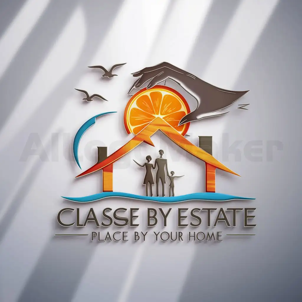 a logo design,with the text "apartments in sochi", main symbol:female hand holds sun like an orange and squeezes juice, from juice forms roof of house by the sea, seagulls are flying. under the roof stands family couple with a child.,complex,be used in Real Estate industry,clear background