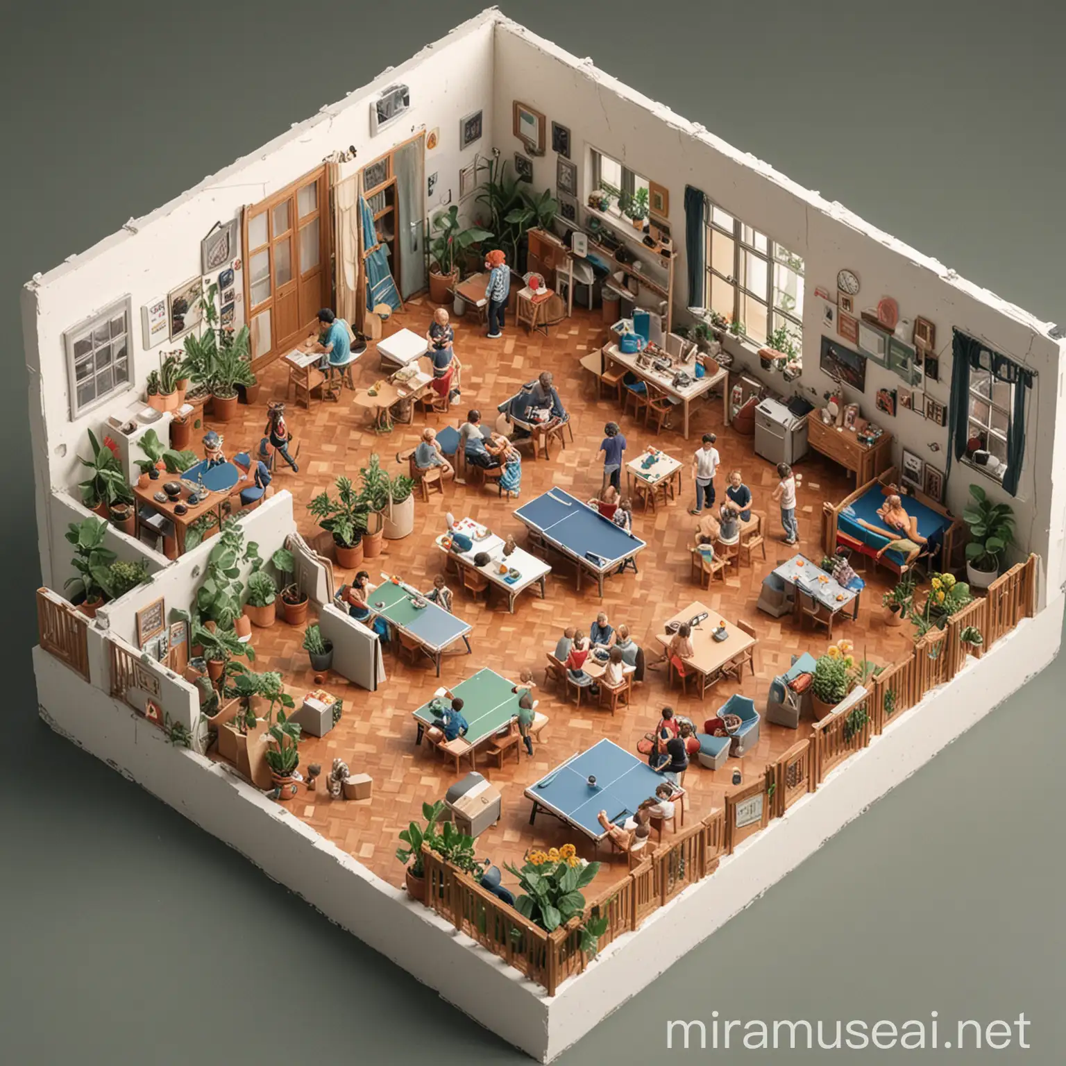 I would like a building with an isometric view. Different leisure activities take place in each room. Each room should be the same size, approx. 15m². and there should be a lot of people. It's about young people having fun

Room 1: Band room - guitar - DJ-Pult
Room 3: Sport room - Treadmill, fitness equipment
Room 4: Dance room - People dancing
Room 5: Painting room (studio) - a lot of artist - art supplies - paintings
Room 6: Table tennis 
Room 7: Plant room
Room 8: Party room (a lot of people dancing - small space)
Room 10: Tutoring room (teaching)

Outdoor: Big Garden and flowers and a swimming pool in which someone swims

parking spaces, bikes, co-working space,