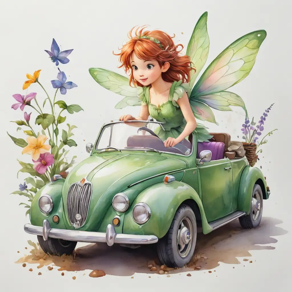 Realistic Watercolor Illustration of a Fairy Magical Car on White Background