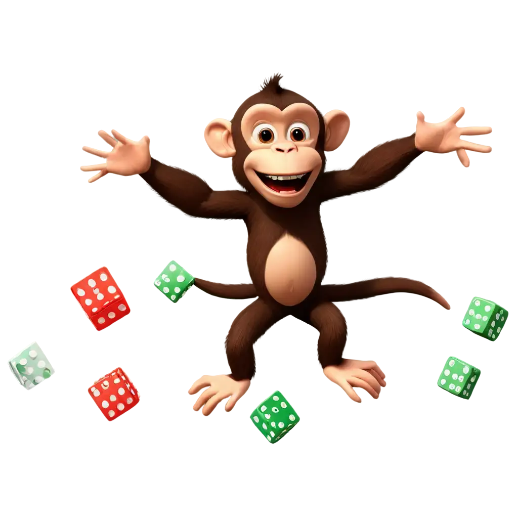 Cartoon monkey playing with loads of dice