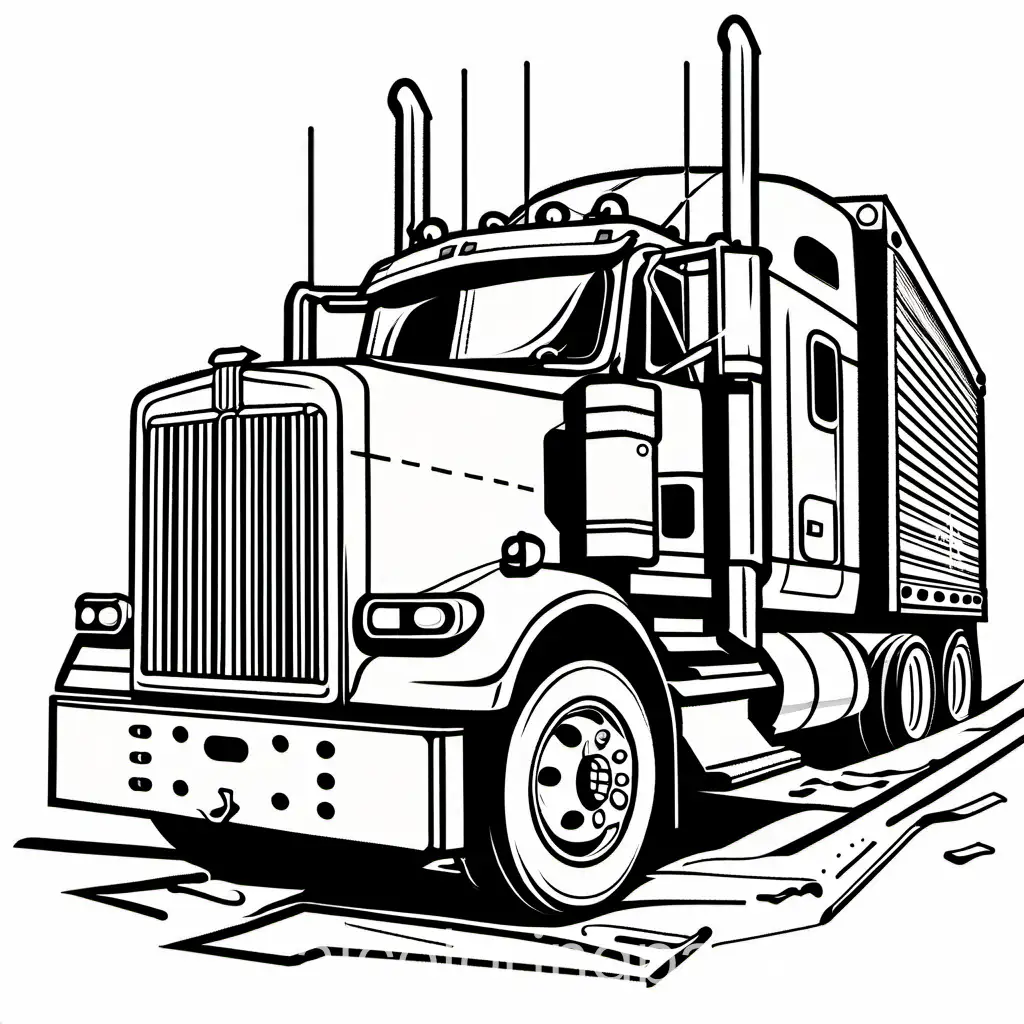 smashed up big rig
, Coloring Page, black and white, line art, white background, Simplicity, Ample White Space. The background of the coloring page is plain white to make it easy for young children to color within the lines. The outlines of all the subjects are easy to distinguish, making it simple for kids to color without too much difficulty