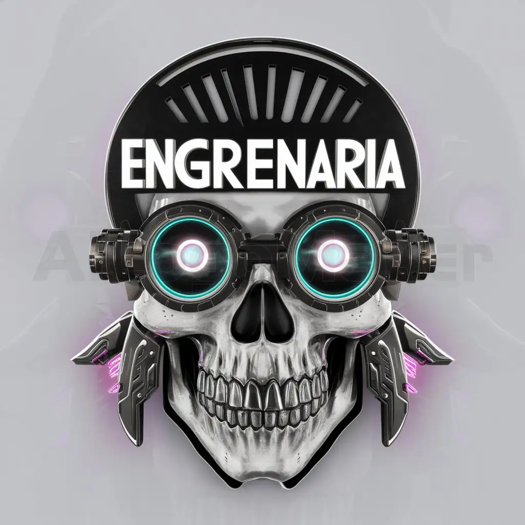 LOGO-Design-For-Engrenaria-Cyberpunk-Skull-Silhouette-with-Steampunk-Glasses