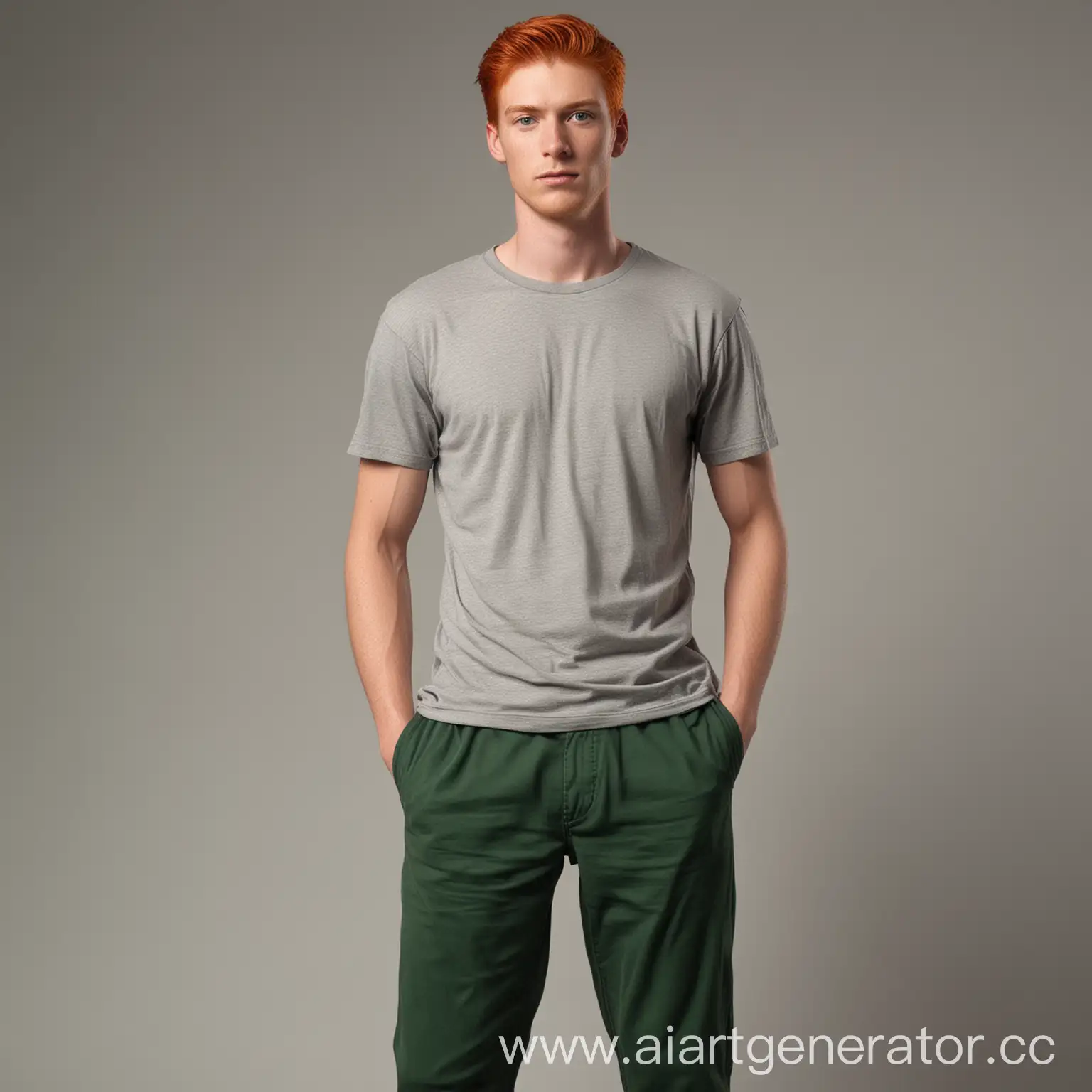 Человек высокого роста с рыжими волосами и зелёными глазами, стройного телосложение с футболке и длинных штанах на вид 20 лет