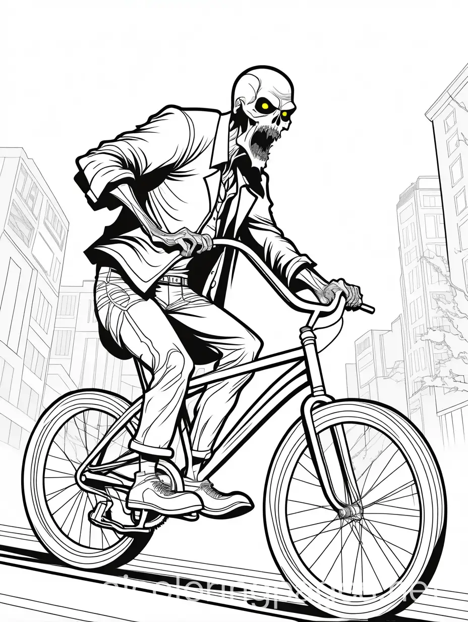 Creepy zombie riding bike, Coloring Page, black and white, line art, white background, Simplicity, Ample White Space