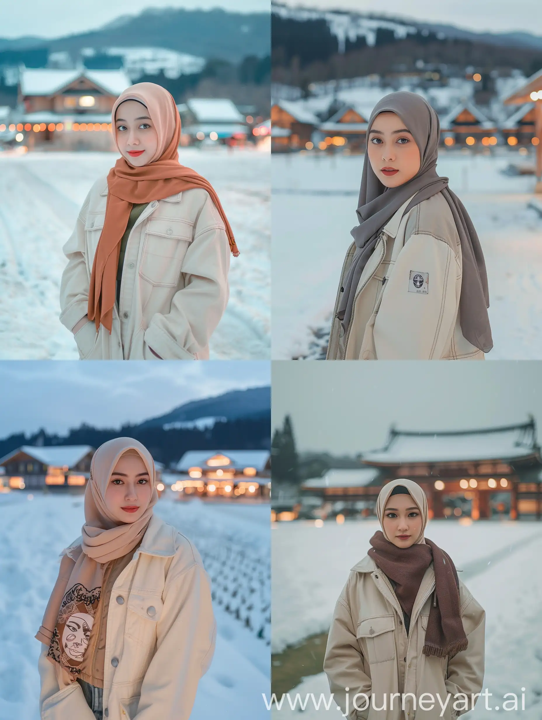 Indonesian-Woman-in-Hijab-Standing-in-Snow-Park-with-Traditional-Japanese-Buildings-at-Night