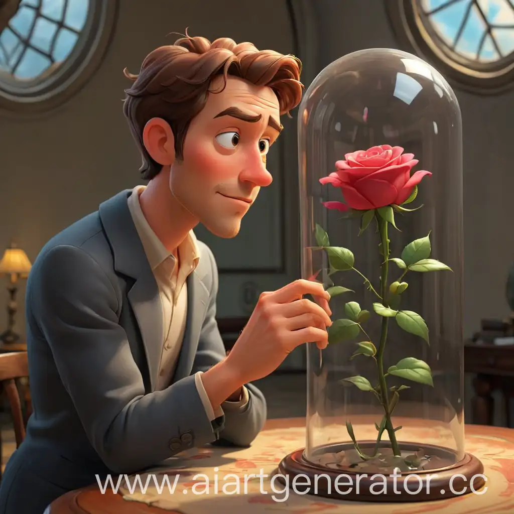 мультяшный мужчина смотрит на розу под стеклом в куполе 