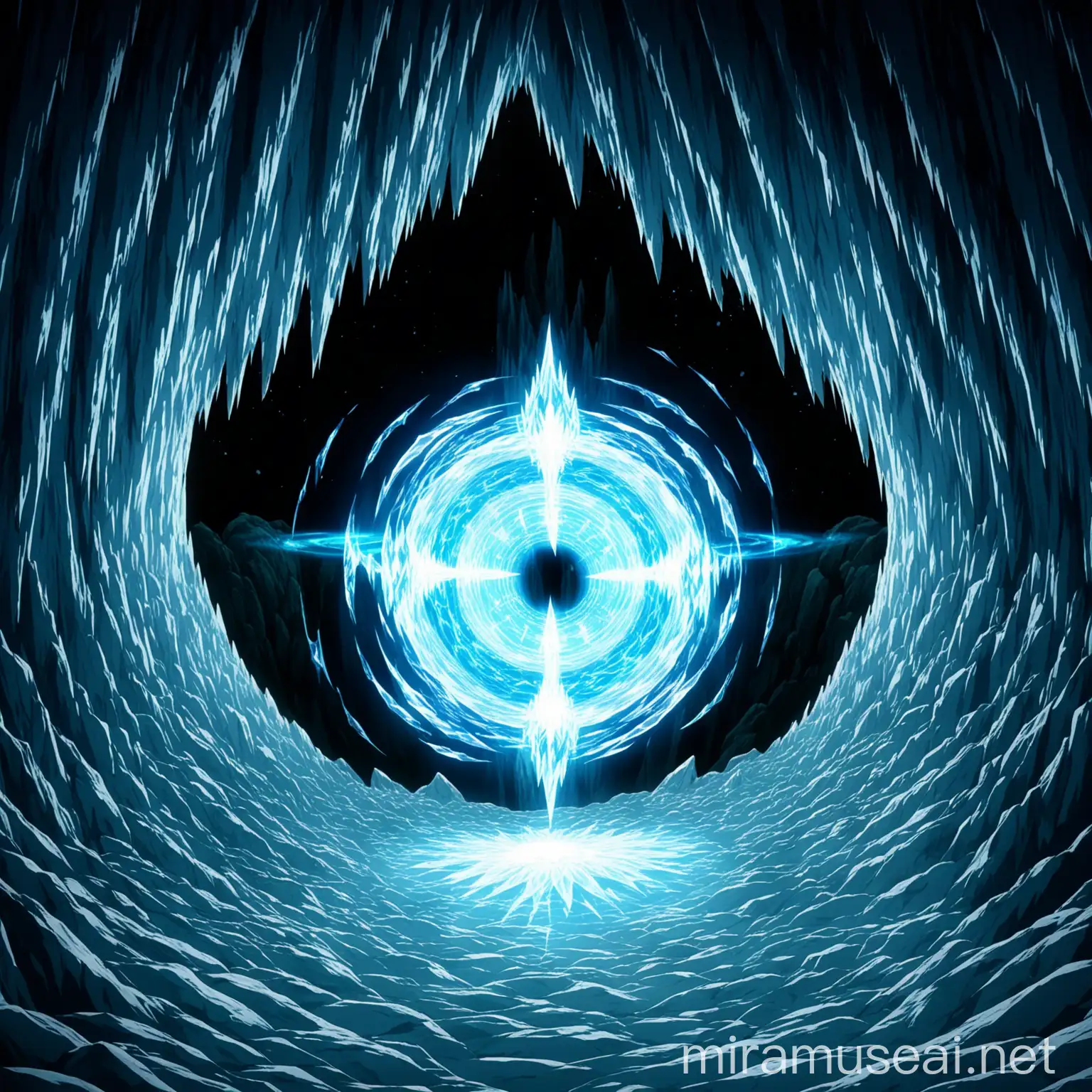 a dimensional portal in a cave, the dimensional portal is white and blue with a will-o'-the-wisp appearance and is vortex-shaped, there is ice in the cave. in anime