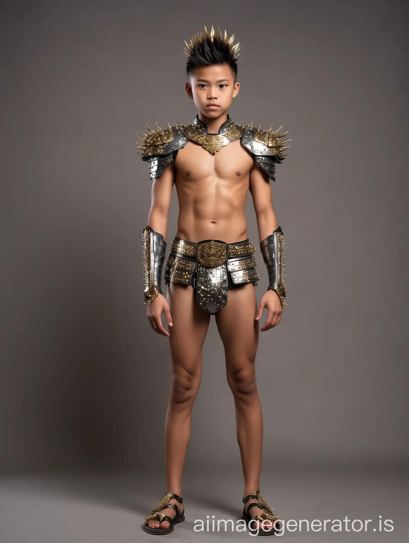 Teen boy regal Vietnamese warrior wearing metal Chinese armor and shiny gold and silver bikini brief underwear, full body pose, standing straight looking at camera with hands at sides, tall spiky Mohawk hair, dark skin, wearing leather sandals, simple royal background