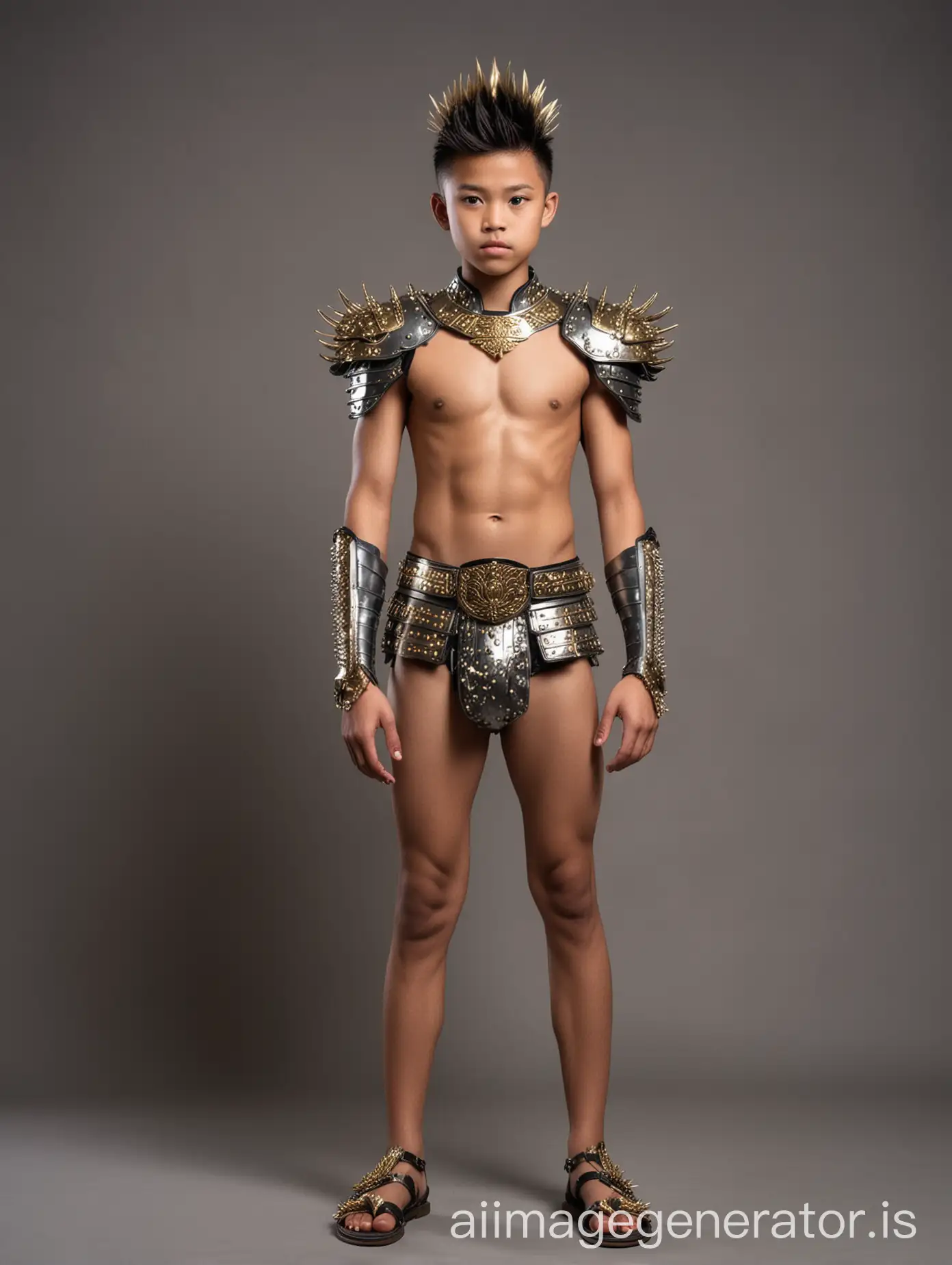 Teen boy regal Vietnamese warrior wearing metal Chinese armor and shiny gold and silver bikini brief underwear, full body pose, standing straight looking at camera with hands at sides, tall spiky Mohawk hair, dark skin, wearing leather sandals, simple royal background 