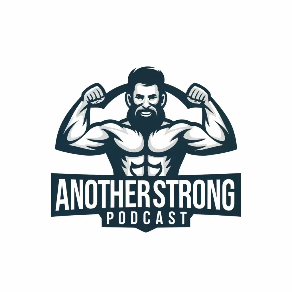 a logo design,with the text "Another Strong Podcast", main symbol:Strong bearded man flexing and holding a microphone,Minimalistic,be used in Sports Fitness industry,clear background