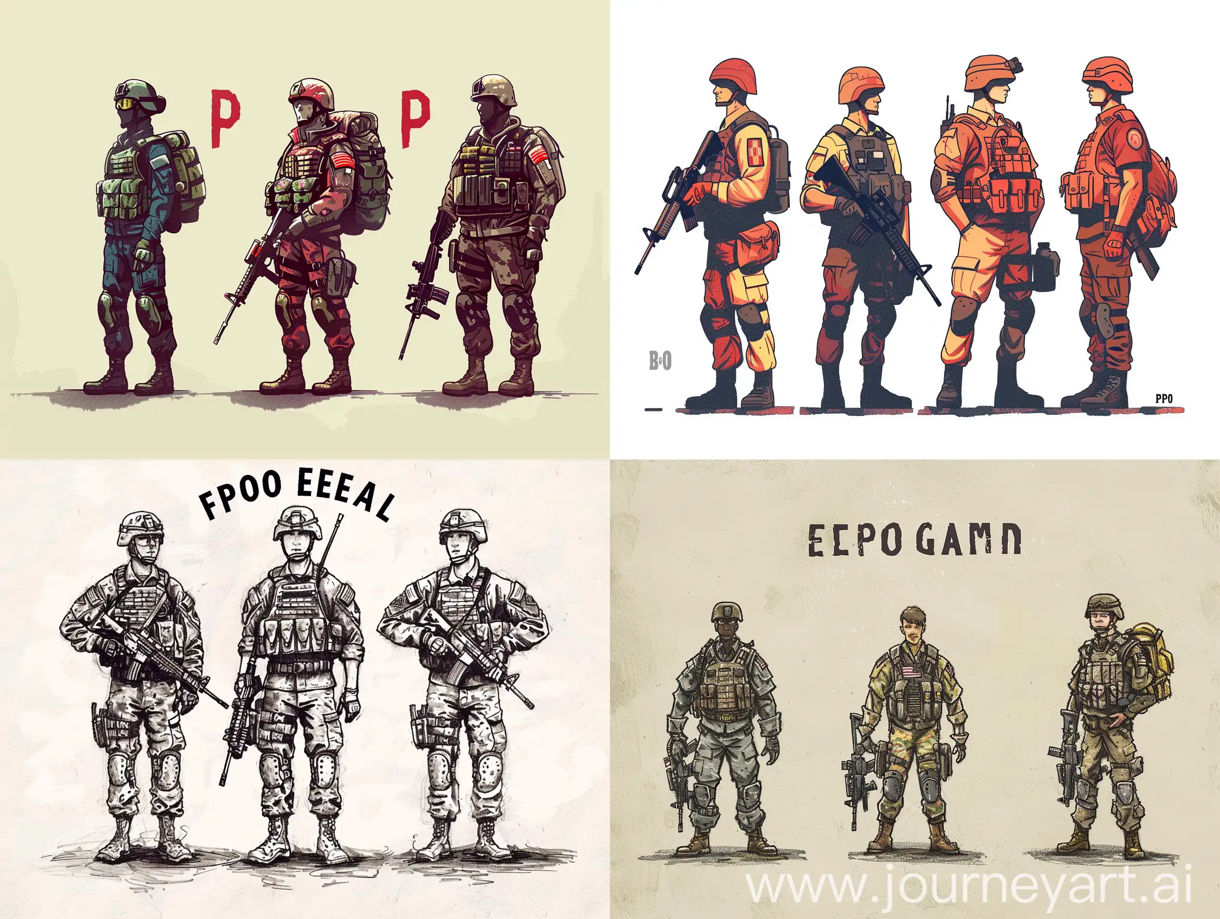Draw it what three echelons of an army would look like (namely militias, regular army and B.P.O  operatives) 