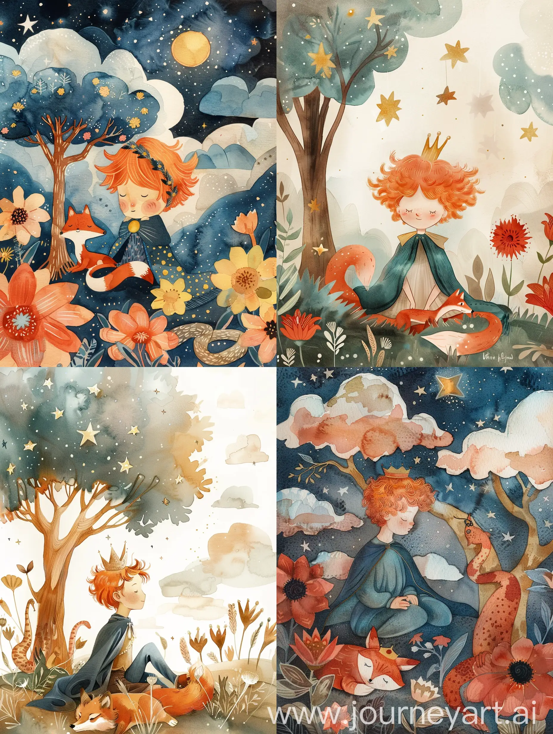A whimsical watercolor illustration featuring a young boy with reddishorange hair styled in a tousled manner and a cute red fox. The boy is wearing a crown and a cape, sitting under a tree with a snake. The scene is surrounded by stars, fluffy clouds, and large flowers in warm hues. The background is dreamy, capturing a fairytale-like essence, with a peaceful and magical atmosphere.