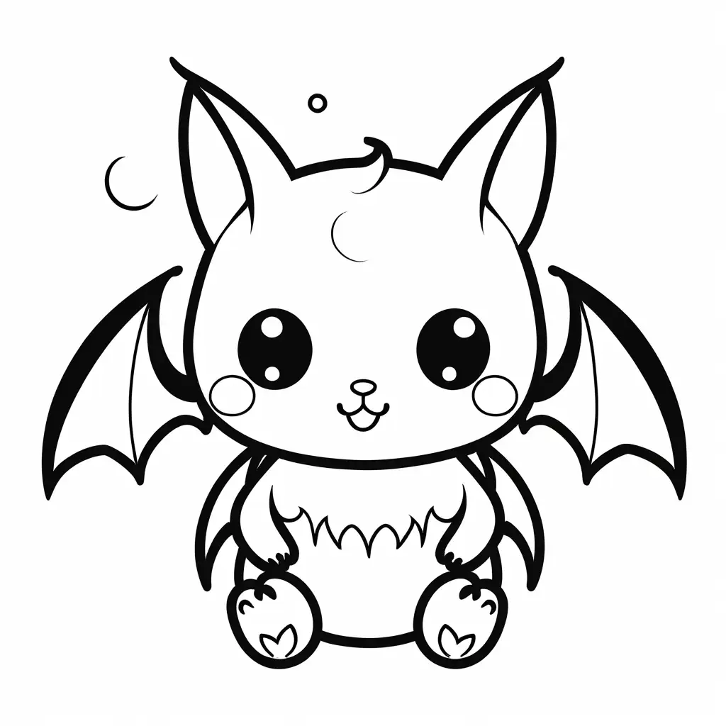 cute bat kawaii style, Coloring Page, black and white, line art, white background, Simplicity, Ample White Space. The background of the coloring page is plain white to make it easy for young children to color within the lines. The outlines of all the subjects are easy to distinguish, making it simple for kids to color without too much difficulty