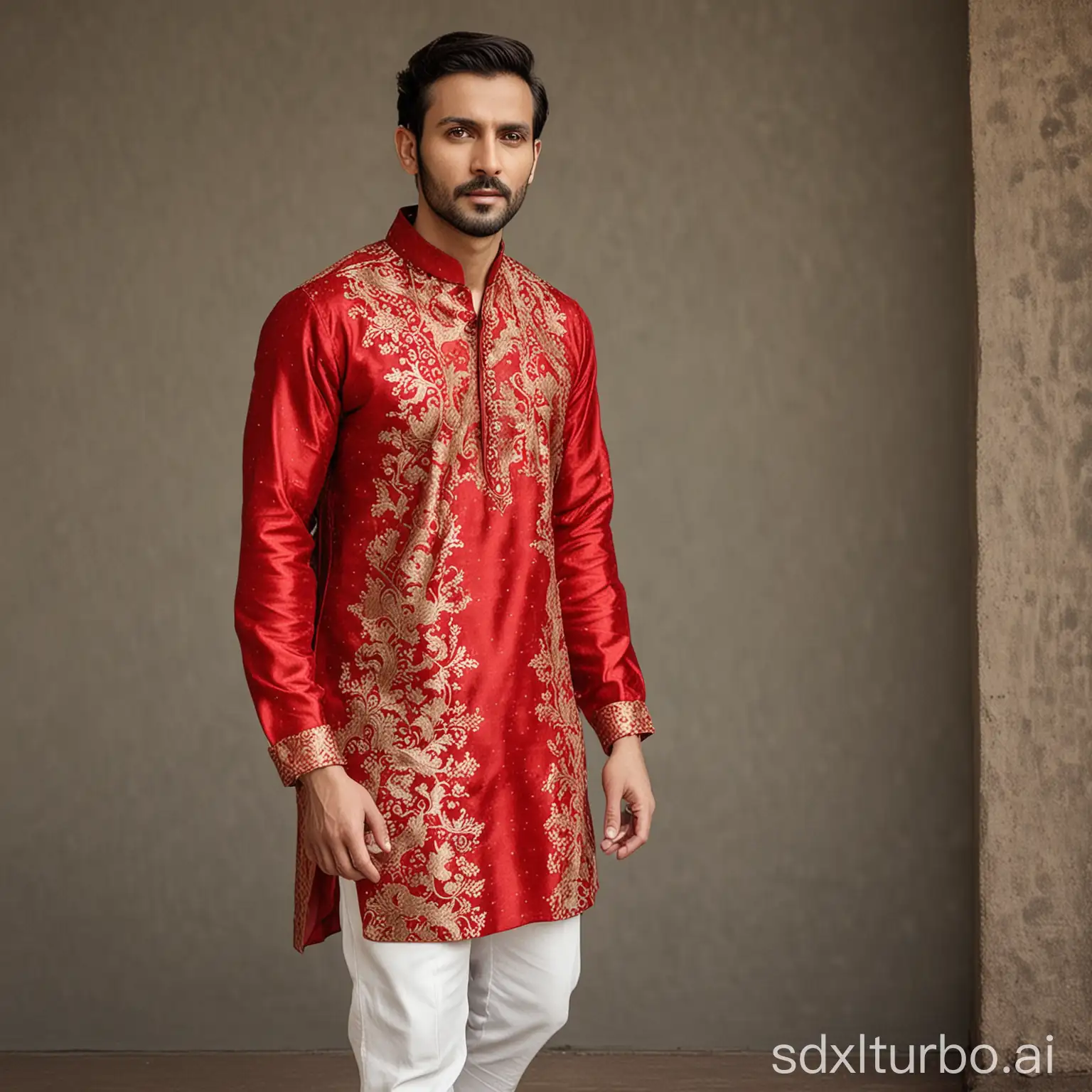 a man in a red shirt and white pants, brocade dress, wearing a kurta, ad image, sparkle