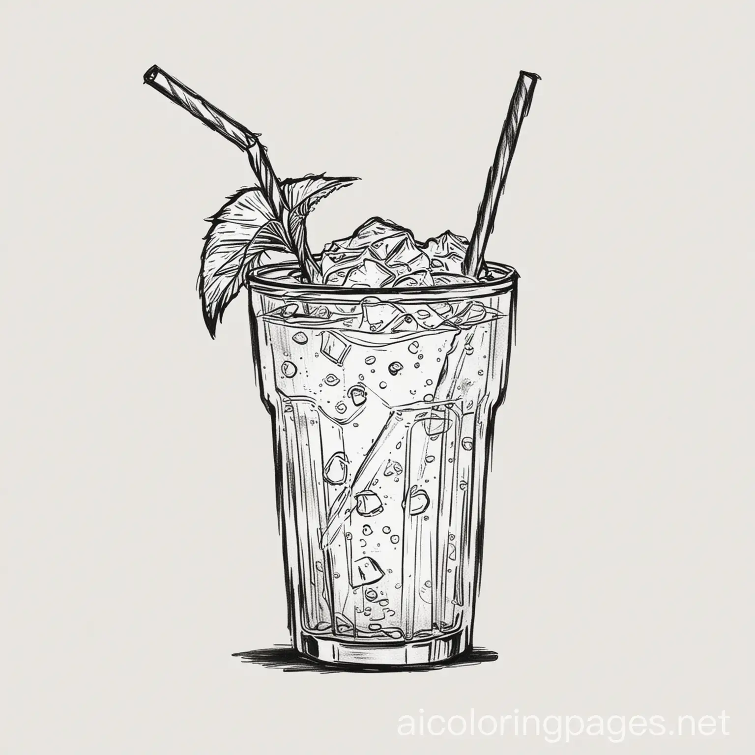 Summer drink with straw, Coloring Page, black and white, line art, white background, Simplicity, Ample White Space. The background of the coloring page is plain white to make it easy for young children to color within the lines. The outlines of all the subjects are easy to distinguish, making it simple for kids to color without too much difficulty
