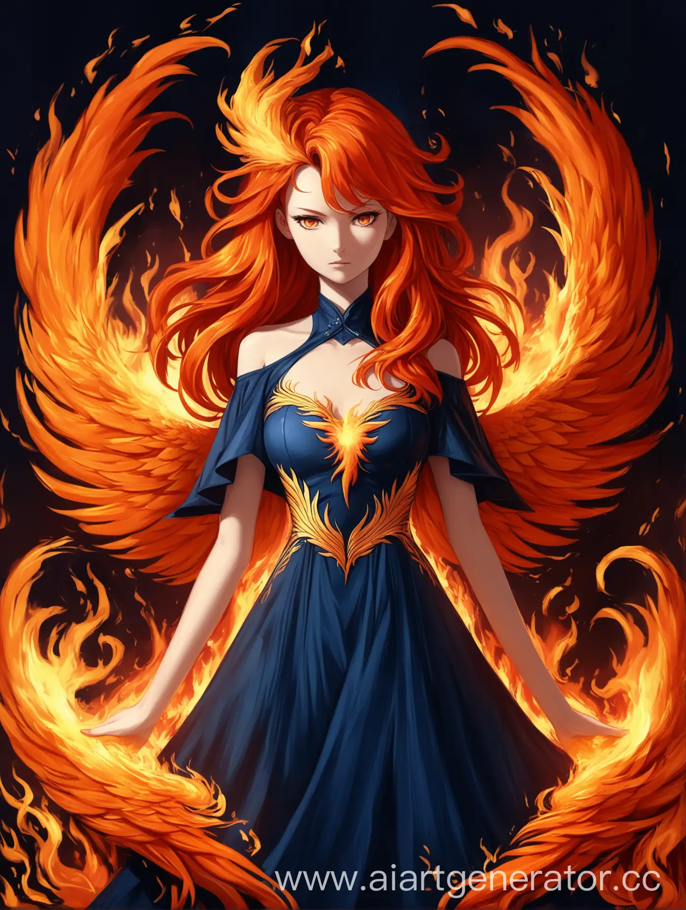 девушка феникс по пояс, с огненными волосами, в темно-синем платье
 
