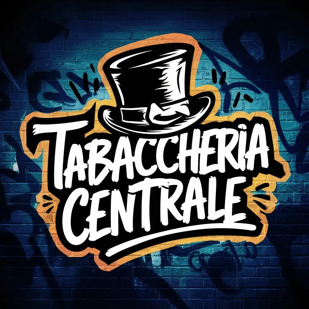 A logo.Graffiti style text ”Tabaccheria Centrale" with a top hat on it