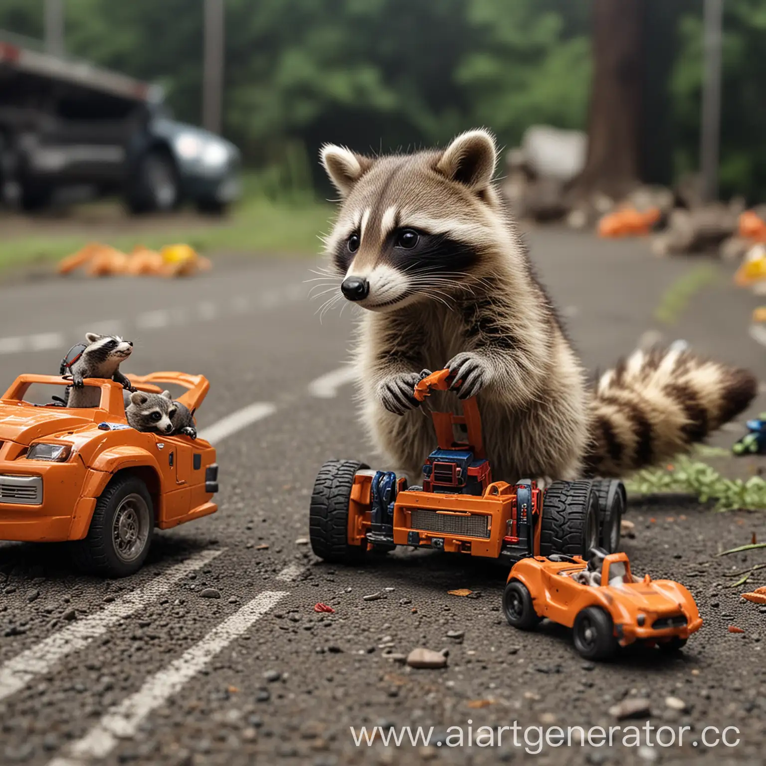 Raccoon-Cub-Playing-with-Toy-Dinosaurs-in-Japanese-Car-Race