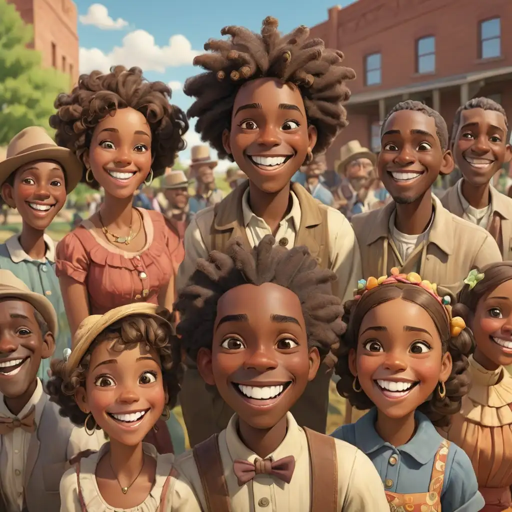 1900s defined 3D cartoon-style colorful African Americans at the community center park smiling in New Mexico