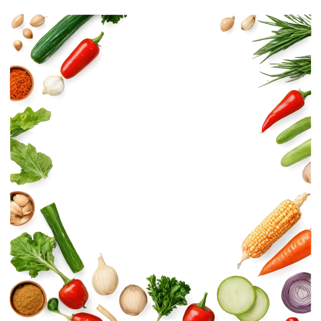 create a white background, a white oval in the center, vegetables and spices around the oval