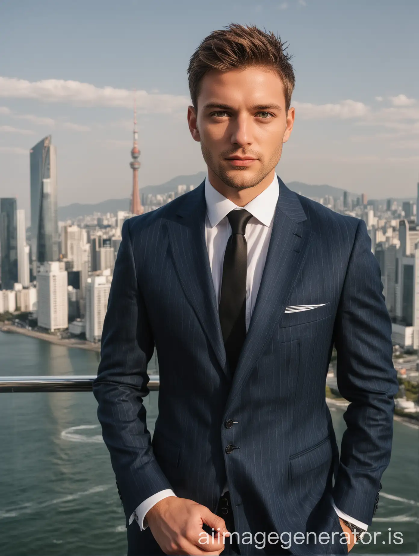 Elegant-German-Businessman-in-Hugo-Boss-Suit-Tokyo-Skyscraper-Sunrise-View