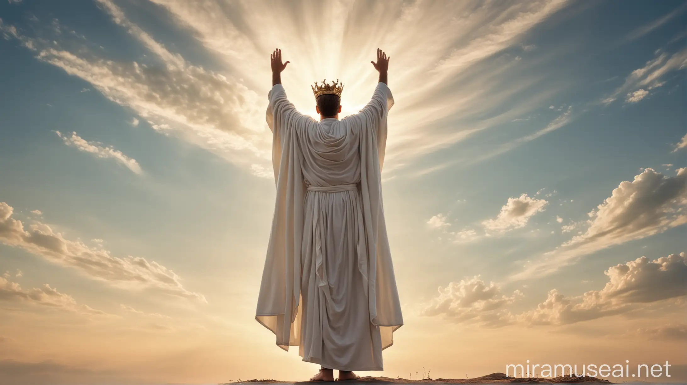 a man in a long white cloth, crown on head, standing under a peaceful sky, looking up, victory pose, biblical, back view