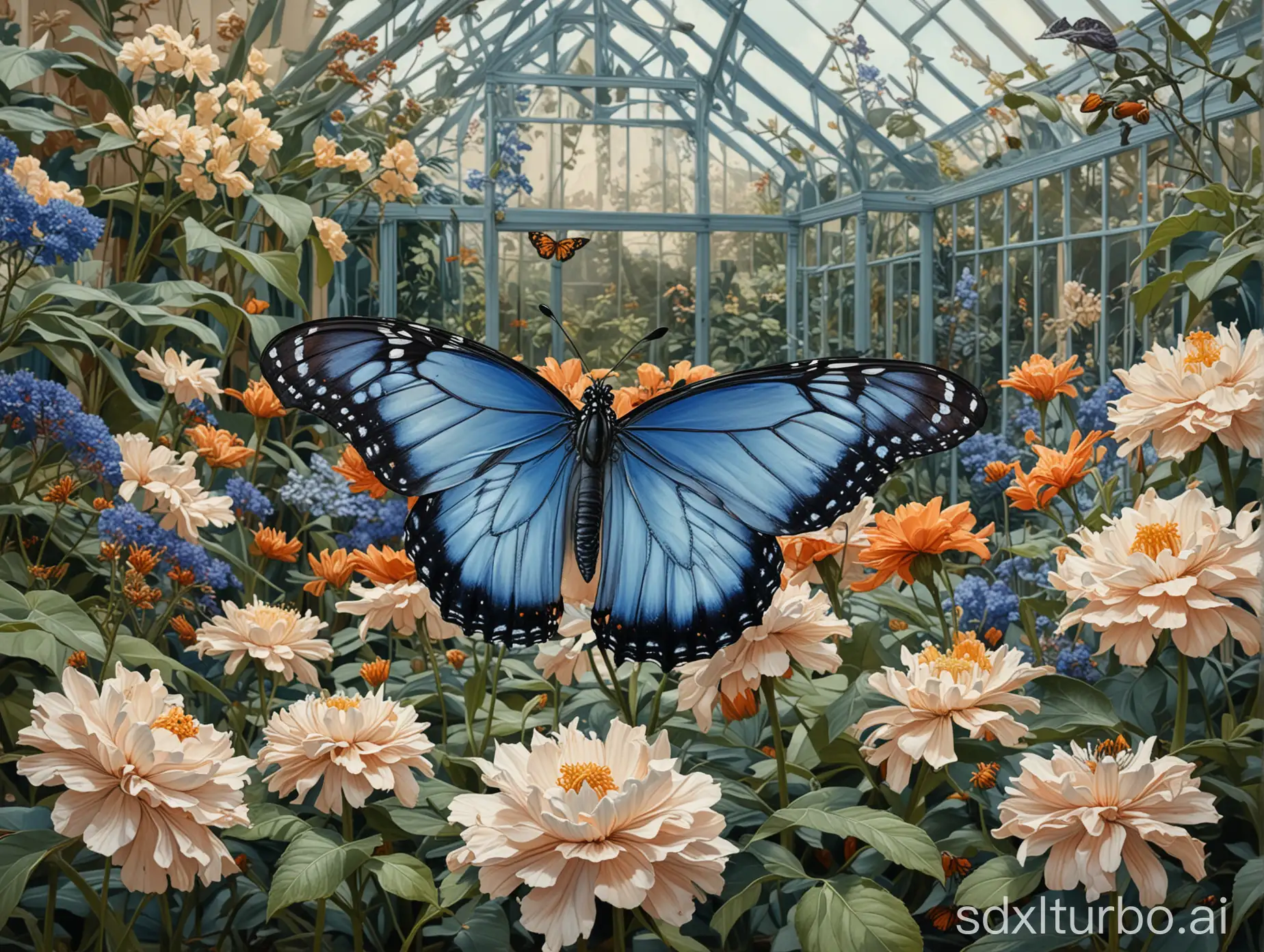 A full body shot of a Blue chromatic Monarch Butterfly, with the background of a flowery glasshouse garden, in the style of painting by Leyendecker.