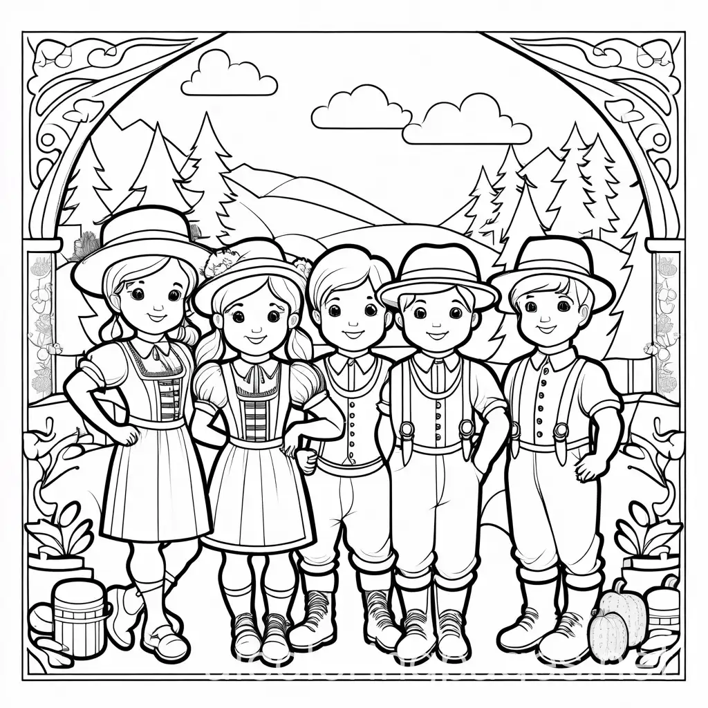 Octoberfest kids, Coloring Page, black and white, line art, white background, Simplicity, Ample White Space. The background of the coloring page is plain white to make it easy for young children to color within the lines. The outlines of all the subjects are easy to distinguish, making it simple for kids to color without too much difficulty