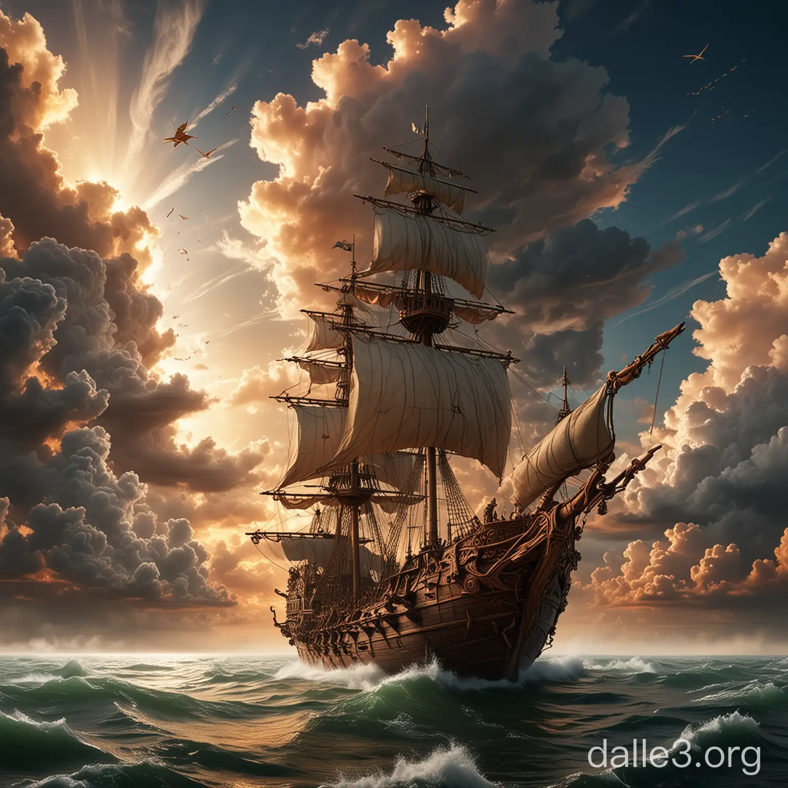 Create a surreal depiction of a medieval battleship moored to a fluffy cloud high in the sky. The wooden vessel, adorned with intricate carvings and formidable siege weapons, hovers amidst a backdrop of a vibrant, dream-like sunset. Its large, square sails billow gently in the celestial breeze, while armored soldiers and mythical creatures stand on the deck, preparing for an otherworldly adventure. The cloud itself has tethering ropes and anchors, blending seamlessly into the ethereal landscape above. The battleship is flying above the water and cloud is berth