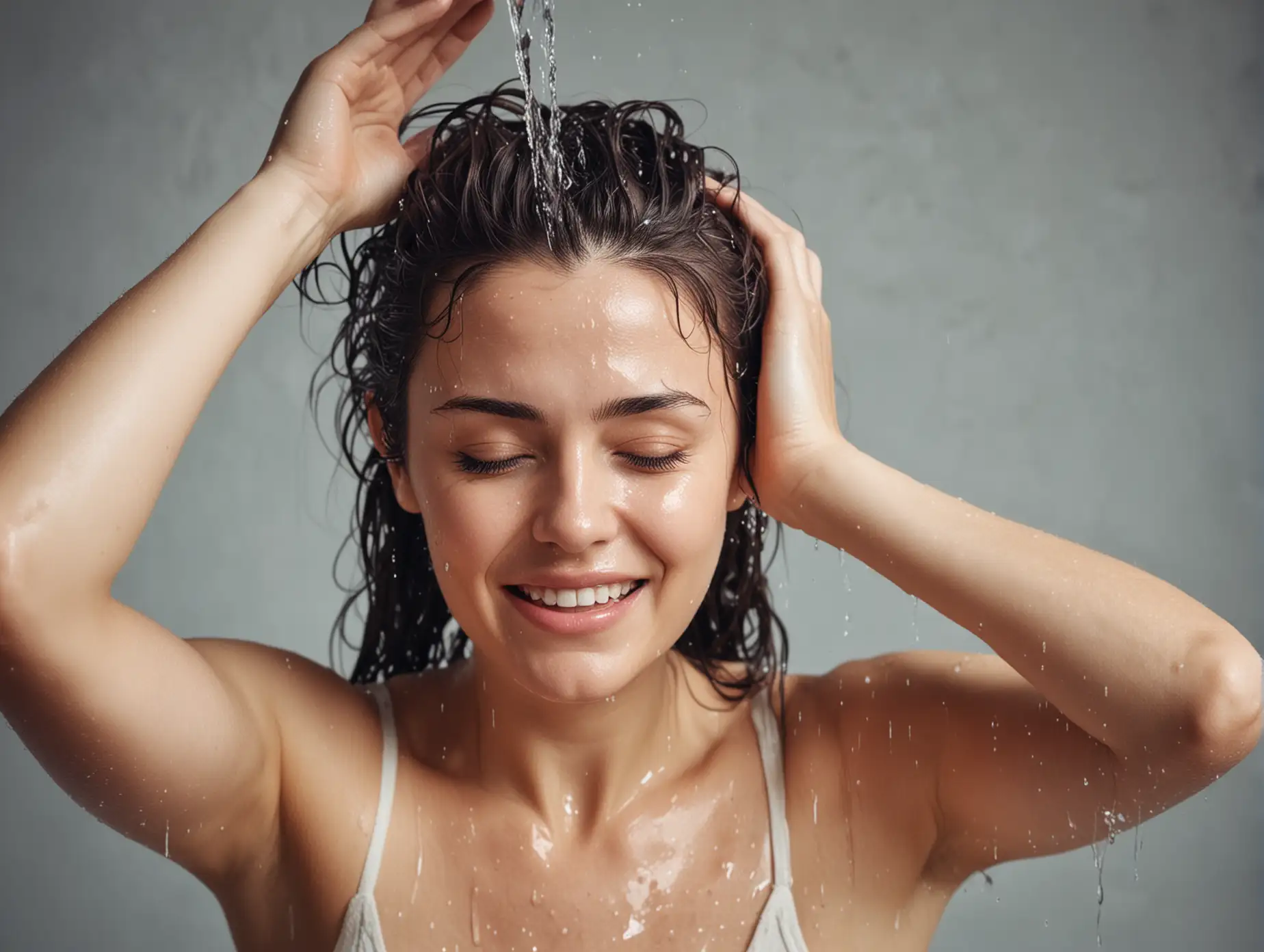 一个女人往自己头上倒水，湿漉漉的头发