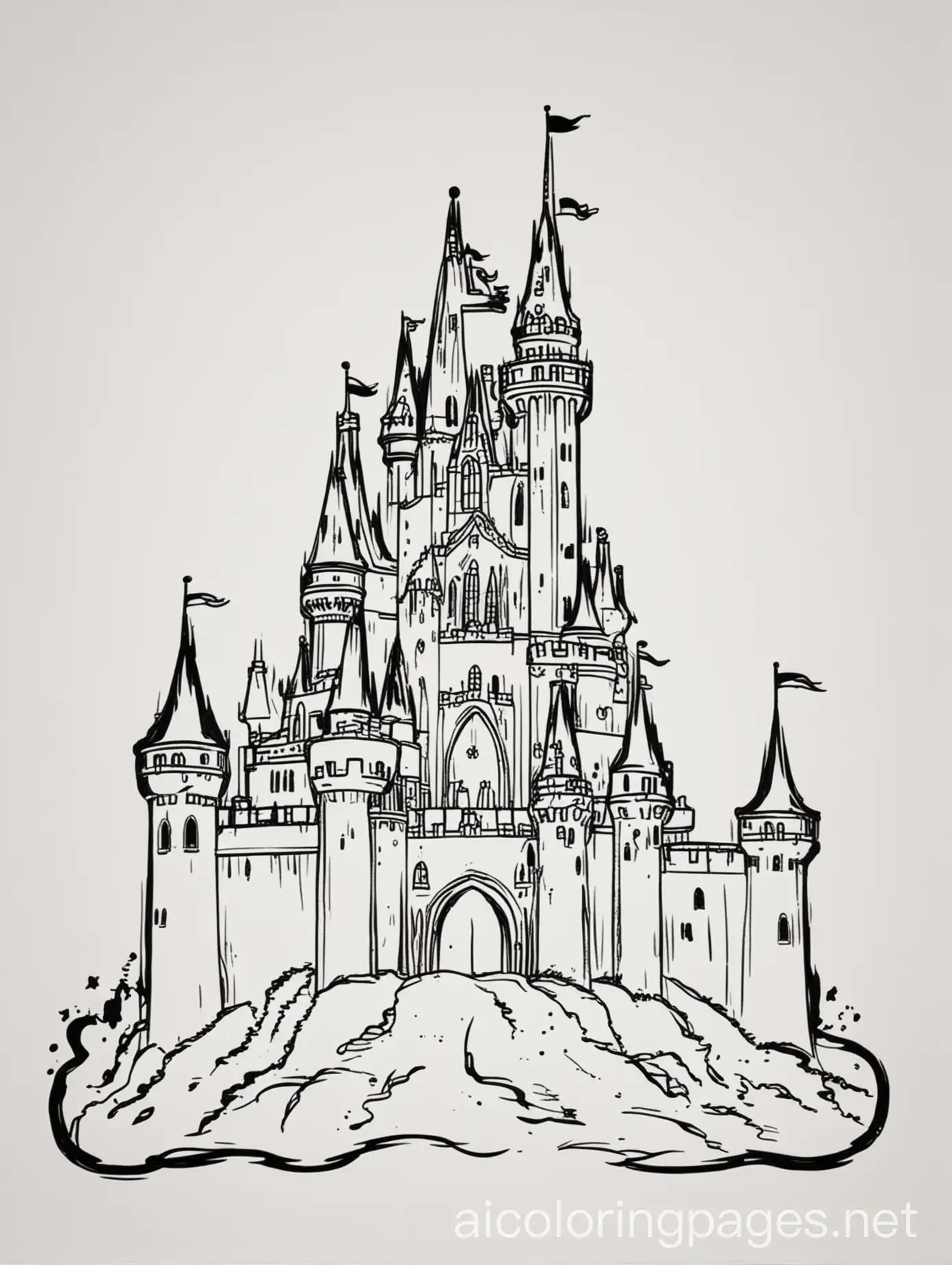 disney castle snow white outline simple, Coloring Page, black and white, line art, white background, Simplicity, Ample White Space. The background of the coloring page is plain white to make it easy for young children to color within the lines. The outlines of all the subjects are easy to distinguish, making it simple for kids to color without too much difficulty