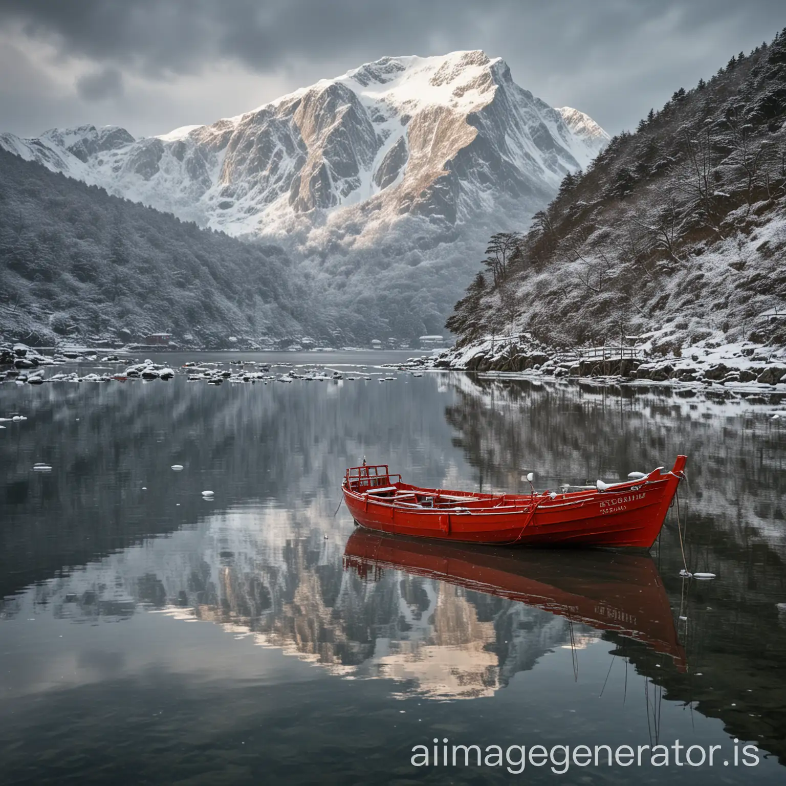 In a traditional Japanese painterly art style, A bright red fishing boat tied up in a mooring, surrounded by reflections on a still sea surface of a spectacular snow-capped mountain landscape. The scene is set in a peaceful fjord among rocky shores covered with snow and high jagged peaks. Partly cloudy skies allow soft light to fall over the pristine wilderness and the sturdy shape of the boat. The atmosphere is majestic and serene, showcasing a perfect combination of natural beauty and human intervention.