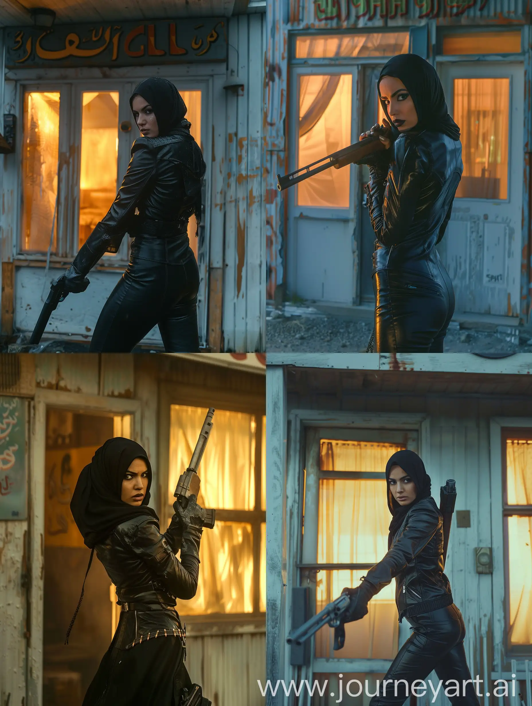 woman hijab dressed in black leather looking over her shoulder at camera holding a shot gun standing in front door of run down "motel" windows are illuminated from inside during golden hour in future