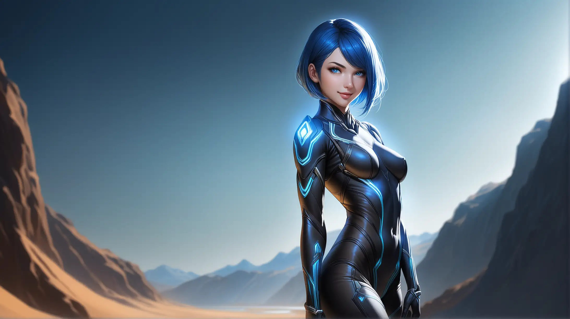 Draw a woman, short blue hair covering one eye, blue eyes, slender figure, high quality, realistic, accurate, detailed, long shot, ambient lighting, outdoors, outfit inspired by Warframe, seductive pose, smiling at the viewer