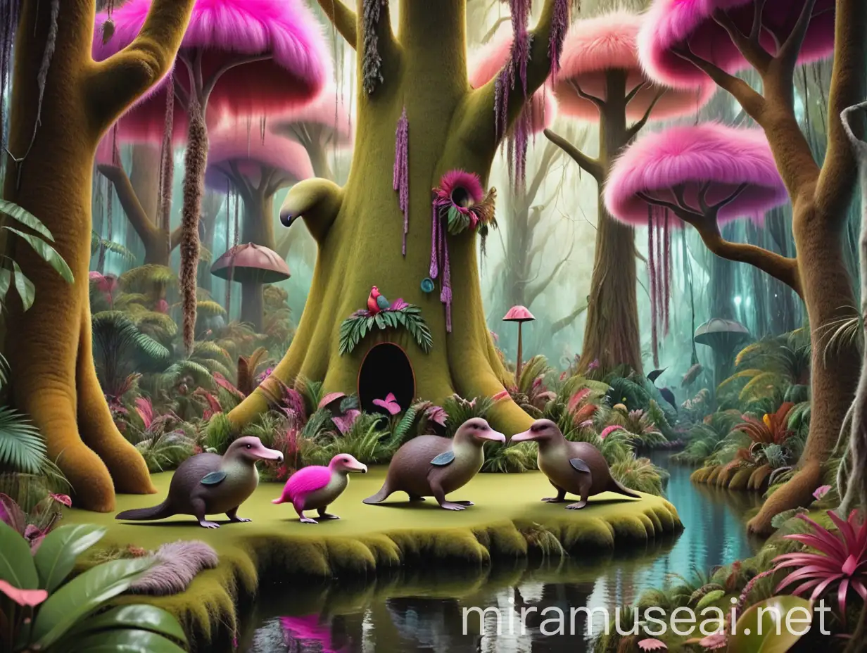 An enchanted forest in New Zealand, colourful kiwi birds, and fluffy platypus with fur of pink and light green, and giant trees, in great detail please. Realistic
